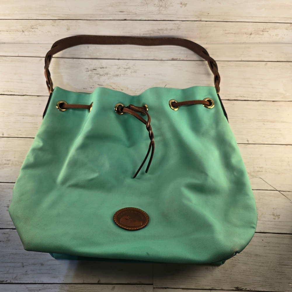 Dooney & Bourke Teal Canvas Drawstring Bucket Bag Braided Leather Strap